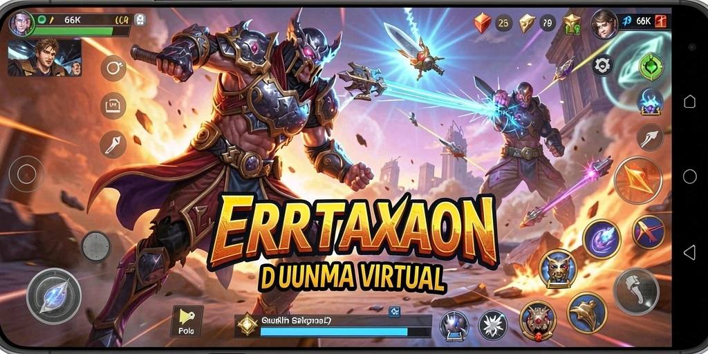 Tampilan gameplay seru dengan karakter bertarung di arena.