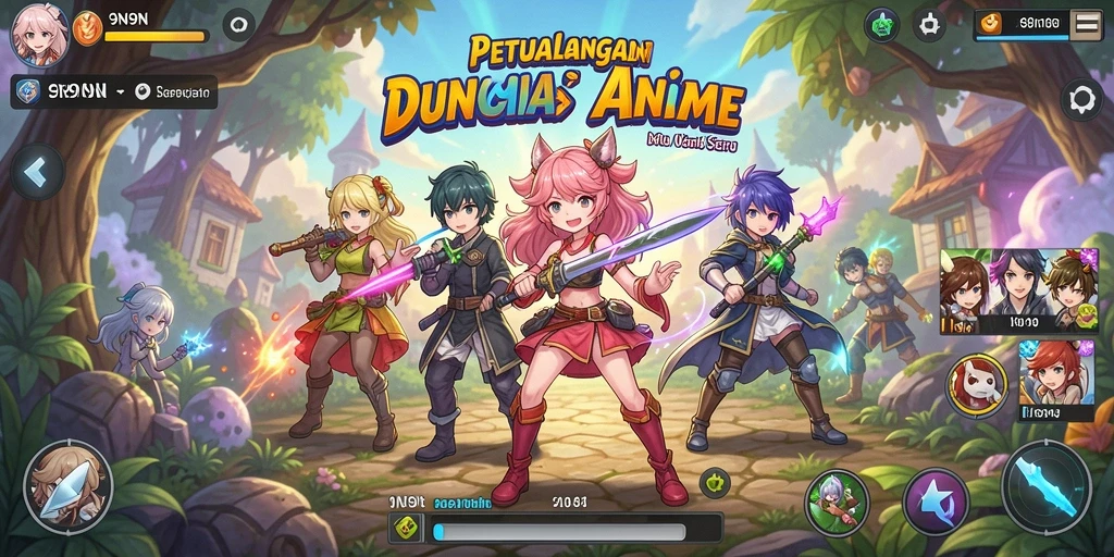 Tampilan gameplay seru dalam dunia anime yang berwarna.