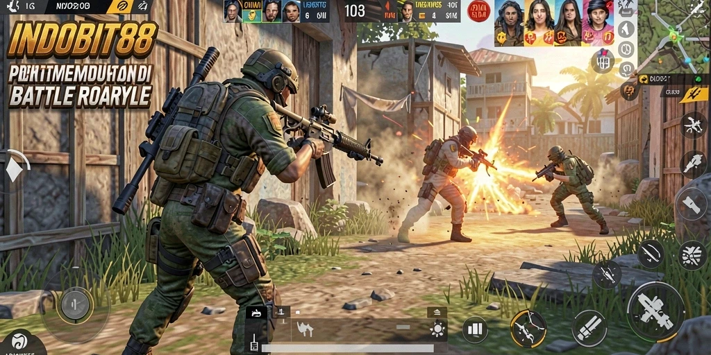 Screenshot gameplay INDOBIT88 menunjukkan aksi pertempuran yang intens dalam Battle Royale.